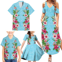 Hawaii Tropical Flowers Family Matching Summer Maxi Dress and Hawaiian Shirt Sky Blue Polynesian Tattoo Art