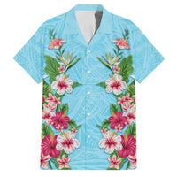 Hawaii Tropical Flowers Family Matching Summer Maxi Dress and Hawaiian Shirt Sky Blue Polynesian Tattoo Art