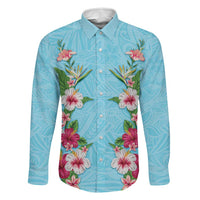 Hawaii Tropical Flowers Family Matching Summer Maxi Dress and Hawaiian Shirt Sky Blue Polynesian Tattoo Art