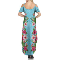 Hawaii Tropical Flowers Family Matching Summer Maxi Dress and Hawaiian Shirt Sky Blue Polynesian Tattoo Art