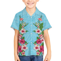 Hawaii Tropical Flowers Family Matching Summer Maxi Dress and Hawaiian Shirt Sky Blue Polynesian Tattoo Art