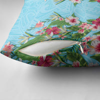 Hawaii Tropical Flowers Pillow Cover Sky Blue Polynesian Tattoo Art