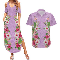 Hawaii Tropical Flowers Couples Matching Summer Maxi Dress and Hawaiian Shirt Lavender Polynesian Tattoo Art