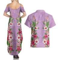 Hawaii Tropical Flowers Couples Matching Summer Maxi Dress and Hawaiian Shirt Lavender Polynesian Tattoo Art