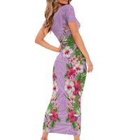 Hawaii Tropical Flowers Short Sleeve Bodycon Dress Lavender Polynesian Tattoo Art LT05 - Polynesian Pride