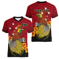 Personalized Papua New Guinea Women V Neck T Shirt Bird Of Paradise Hibiscus With Motuan Pattern LT05 - Polynesian Pride