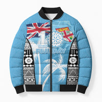 Personalised Fiji Day 2026 Bomber Puffer Jacket Masi Tapa Pattern With Palm Tree