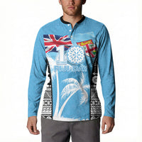 Personalised Fiji Day 2026 Button Sweatshirt Masi Tapa Pattern With Palm Tree