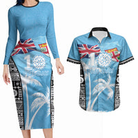 Personalised Fiji Day 2026 Couples Matching Long Sleeve Bodycon Dress and Hawaiian Shirt Masi Tapa Pattern With Palm Tree