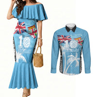 Personalised Fiji Day 2026 Couples Matching Mermaid Dress and Long Sleeve Button Shirt Masi Tapa Pattern With Palm Tree