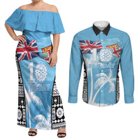 Personalised Fiji Day 2026 Couples Matching Off Shoulder Maxi Dress and Long Sleeve Button Shirt Masi Tapa Pattern With Palm Tree