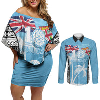 Personalised Fiji Day 2026 Couples Matching Off Shoulder Short Dress and Long Sleeve Button Shirt Masi Tapa Pattern With Palm Tree