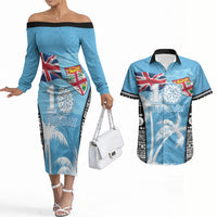 Personalised Fiji Day 2026 Couples Matching Off The Shoulder Long Sleeve Dress and Hawaiian Shirt Masi Tapa Pattern With Palm Tree