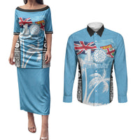 Personalised Fiji Day 2026 Couples Matching Puletasi and Long Sleeve Button Shirt Masi Tapa Pattern With Palm Tree