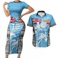 Personalised Fiji Day 2026 Couples Matching Short Sleeve Bodycon Dress and Hawaiian Shirt Masi Tapa Pattern With Palm Tree