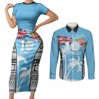 Personalised Fiji Day 2026 Couples Matching Short Sleeve Bodycon Dress and Long Sleeve Button Shirt Masi Tapa Pattern With Palm Tree
