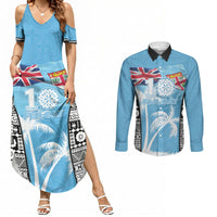 Personalised Fiji Day 2026 Couples Matching Summer Maxi Dress and Long Sleeve Button Shirt Masi Tapa Pattern With Palm Tree
