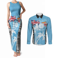 Personalised Fiji Day 2026 Couples Matching Tank Maxi Dress and Long Sleeve Button Shirt Masi Tapa Pattern With Palm Tree
