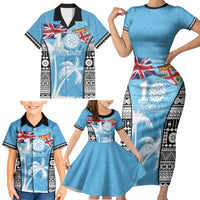 Personalised Fiji Day 2026 Family Matching Short Sleeve Bodycon Dress and Hawaiian Shirt Masi Tapa Pattern With Palm Tree