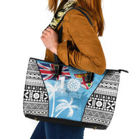 Fiji Day 2026 Leather Tote Bag Masi Tapa Pattern With Palm Tree