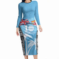 Personalised Fiji Day 2026 Long Sleeve Bodycon Dress Masi Tapa Pattern With Palm Tree