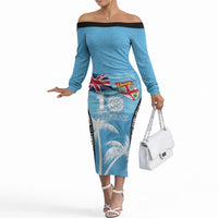 Personalised Fiji Day 2026 Off The Shoulder Long Sleeve Dress Masi Tapa Pattern With Palm Tree