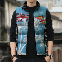 Personalised Fiji Day 2026 Sleeveless Puffer Jacket Masi Tapa Pattern With Palm Tree