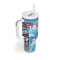 Personalised Fiji Day 2026 Tumbler With Handle Masi Tapa Pattern With Palm Tree