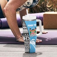 Personalised Fiji Day 2026 Tumbler With Handle Masi Tapa Pattern With Palm Tree