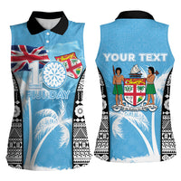 Personalised Fiji Day 2026 Women Sleeveless Polo Shirt Masi Tapa Pattern With Palm Tree