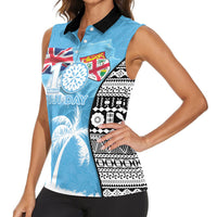 Personalised Fiji Day 2026 Women Sleeveless Polo Shirt Masi Tapa Pattern With Palm Tree