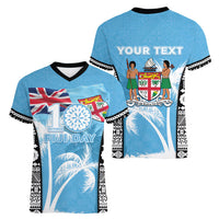 Personalised Fiji Day 2026 Women V-Neck T-Shirt Masi Tapa Pattern With Palm Tree