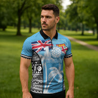 Personalised Fiji Day 2026 Zipper Polo Shirt Masi Tapa Pattern With Palm Tree