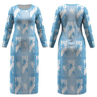 Bula Fiji Couples Matching Long Sleeve Bodycon Dress and Long Sleeve Button Shirt Blue Makare Masi Tapa Pattern