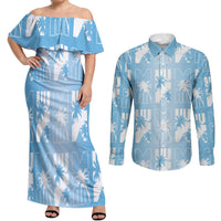 Bula Fiji Couples Matching Off Shoulder Maxi Dress and Long Sleeve Button Shirt Blue Makare Masi Tapa Pattern