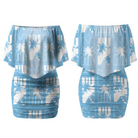 Bula Fiji Couples Matching Off Shoulder Short Dress and Hawaiian Shirt Blue Makare Masi Tapa Pattern