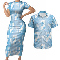 Bula Fiji Couples Matching Short Sleeve Bodycon Dress and Hawaiian Shirt Blue Makare Masi Tapa Pattern