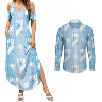 Bula Fiji Couples Matching Summer Maxi Dress and Long Sleeve Button Shirt Blue Makare Masi Tapa Pattern