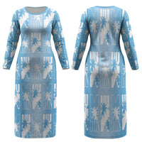 Bula Fiji Family Matching Long Sleeve Bodycon Dress and Hawaiian Shirt Blue Makare Masi Tapa Pattern