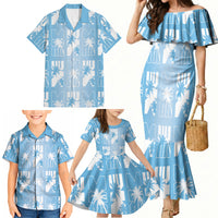 Bula Fiji Family Matching Mermaid Dress and Hawaiian Shirt Blue Makare Masi Tapa Pattern