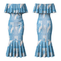 Bula Fiji Family Matching Mermaid Dress and Hawaiian Shirt Blue Makare Masi Tapa Pattern