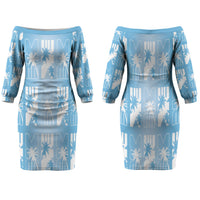 Bula Fiji Family Matching Off The Shoulder Long Sleeve Dress and Hawaiian Shirt Blue Makare Masi Tapa Pattern