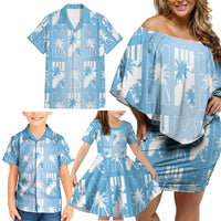 Bula Fiji Family Matching Off Shoulder Short Dress and Hawaiian Shirt Blue Makare Masi Tapa Pattern
