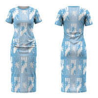 Bula Fiji Family Matching Short Sleeve Bodycon Dress and Hawaiian Shirt Blue Makare Masi Tapa Pattern