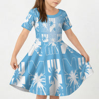 Bula Fiji Kid Short Sleeve Dress Blue Makare Masi Tapa Pattern