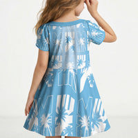 Bula Fiji Kid Short Sleeve Dress Blue Makare Masi Tapa Pattern