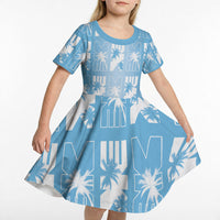 Bula Fiji Kid Short Sleeve Dress Blue Makare Masi Tapa Pattern