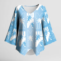 Bula Fiji Kimono Sleeve Blouse Blue Makare Masi Tapa Pattern