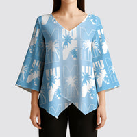Bula Fiji Kimono Sleeve Blouse Blue Makare Masi Tapa Pattern