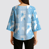 Bula Fiji Kimono Sleeve Blouse Blue Makare Masi Tapa Pattern